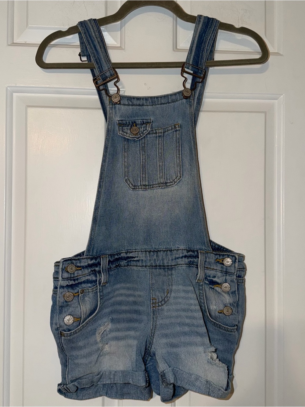 L.E.I. y2k vintage blue wash distressed shortalls cuffed hems XS